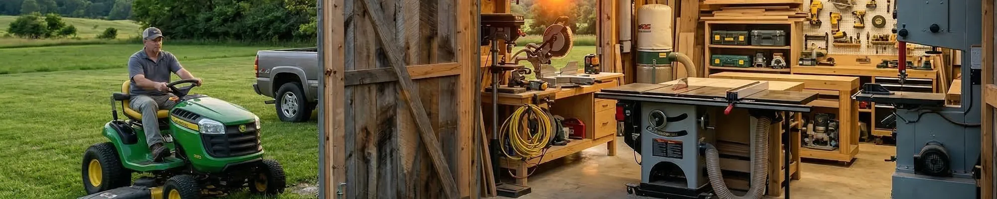Banner with split view of riding mower and woodworking tool workshop